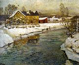 Fritz Thaulow Famous Paintings - Cottage by a Canal in the Snow